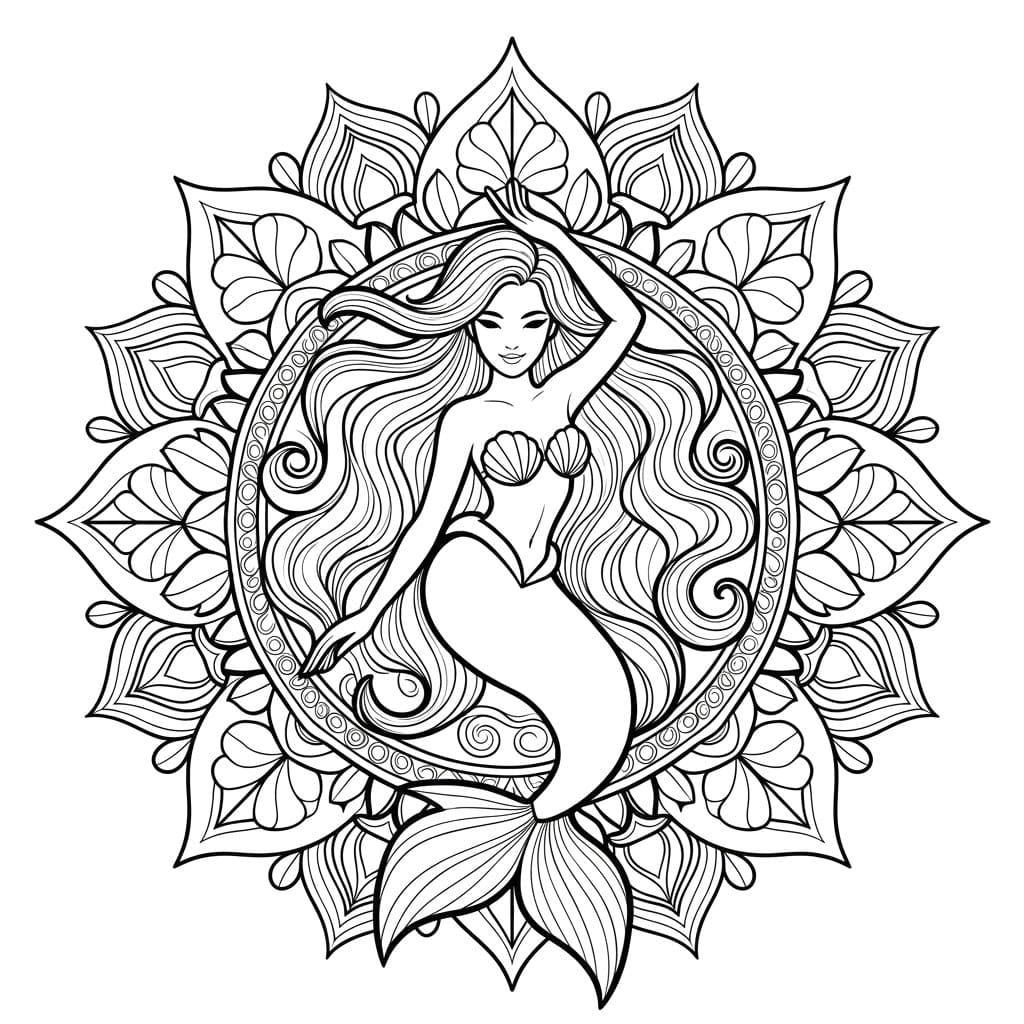 Coloriage Mandala: Sirène élégante Mandalas