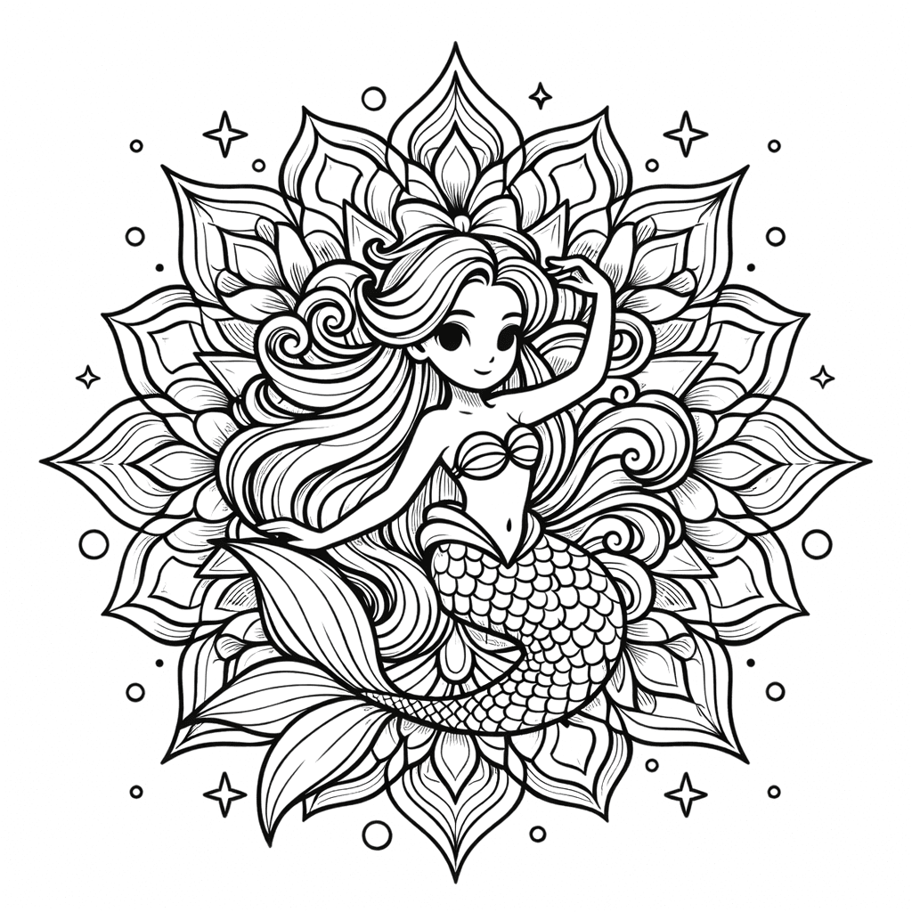 Coloriage Mandala: Sirène merveilleuse Mandalas