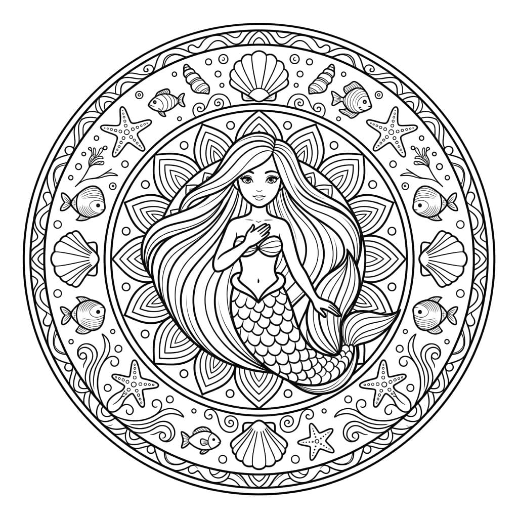 Coloriage Mandala: Sirène mignonne Mandalas