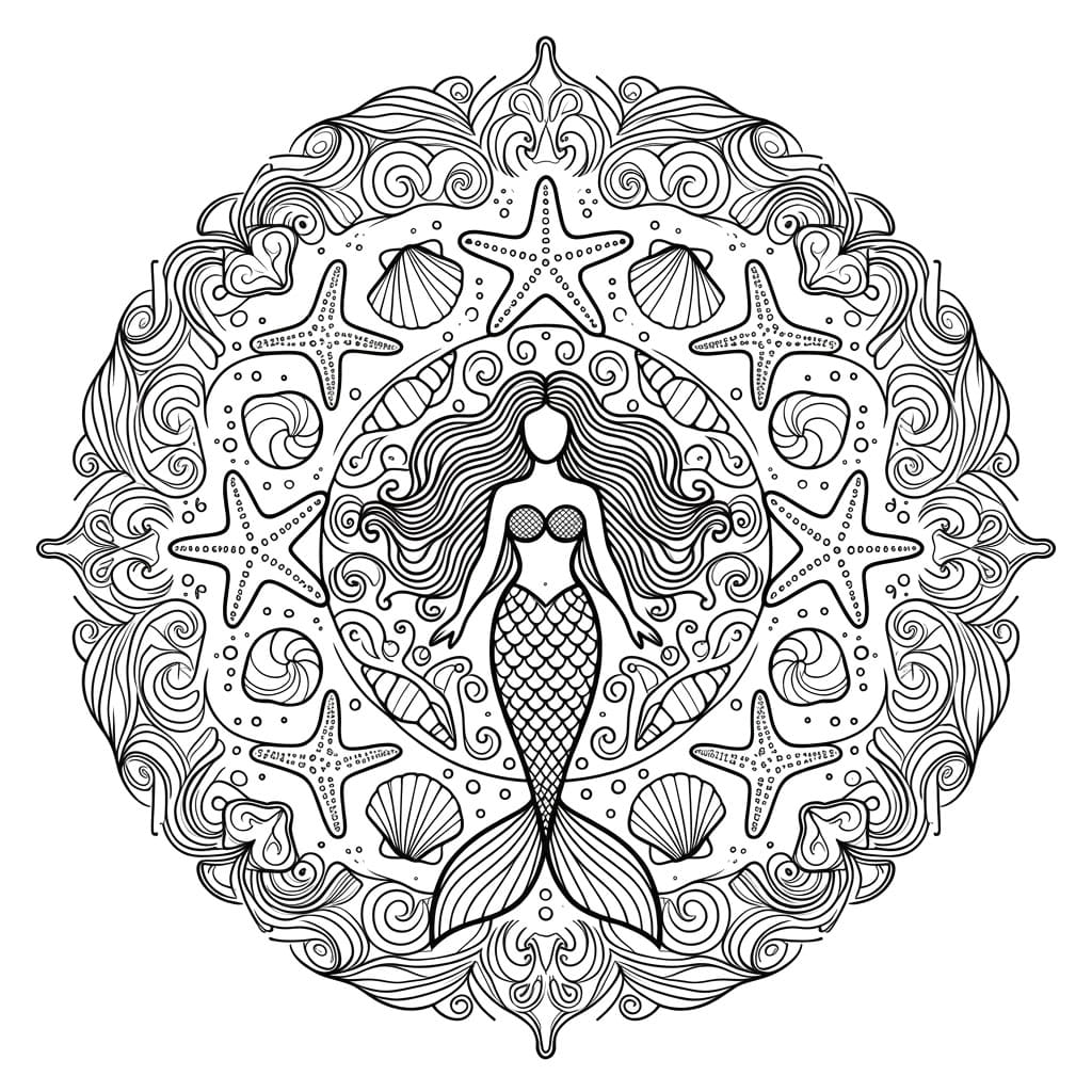 Coloriage Mandala: Sirène pour adultes Mandalas