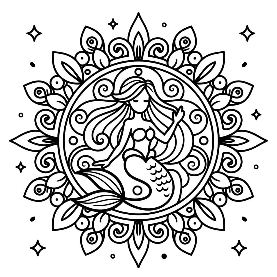 Coloriage Mandala: Sirène pour enfants Mandalas