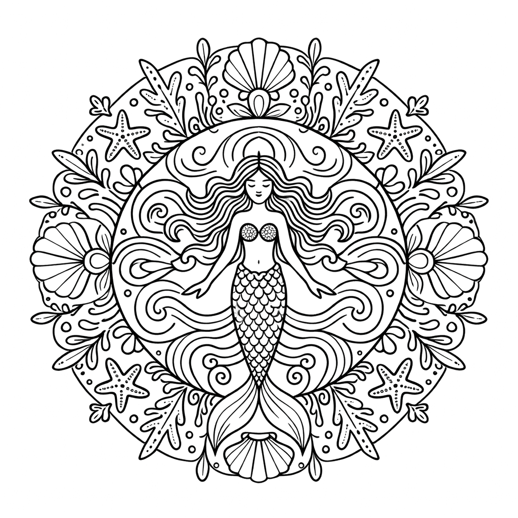 Coloriage Mandala: Sirène sous la mer Mandalas