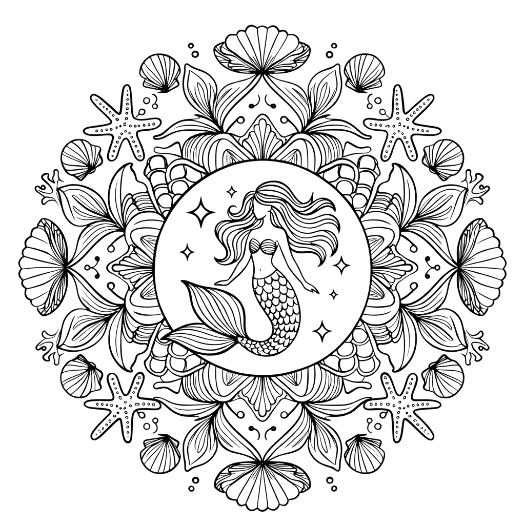 Coloriage Mandala: Sirène sous-marine Mandalas