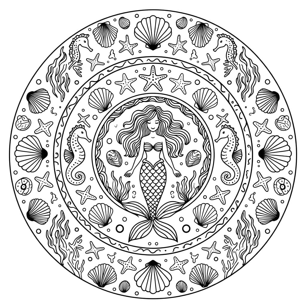 Coloriage Mandala: Sirènes et animaux marins Mandalas
