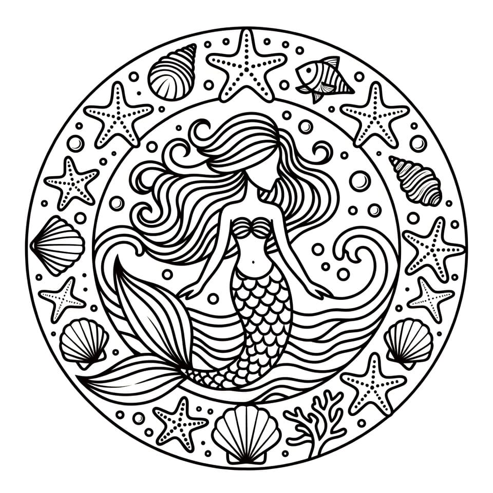Coloriage Mandala: Sirènes et créatures marines Mandalas