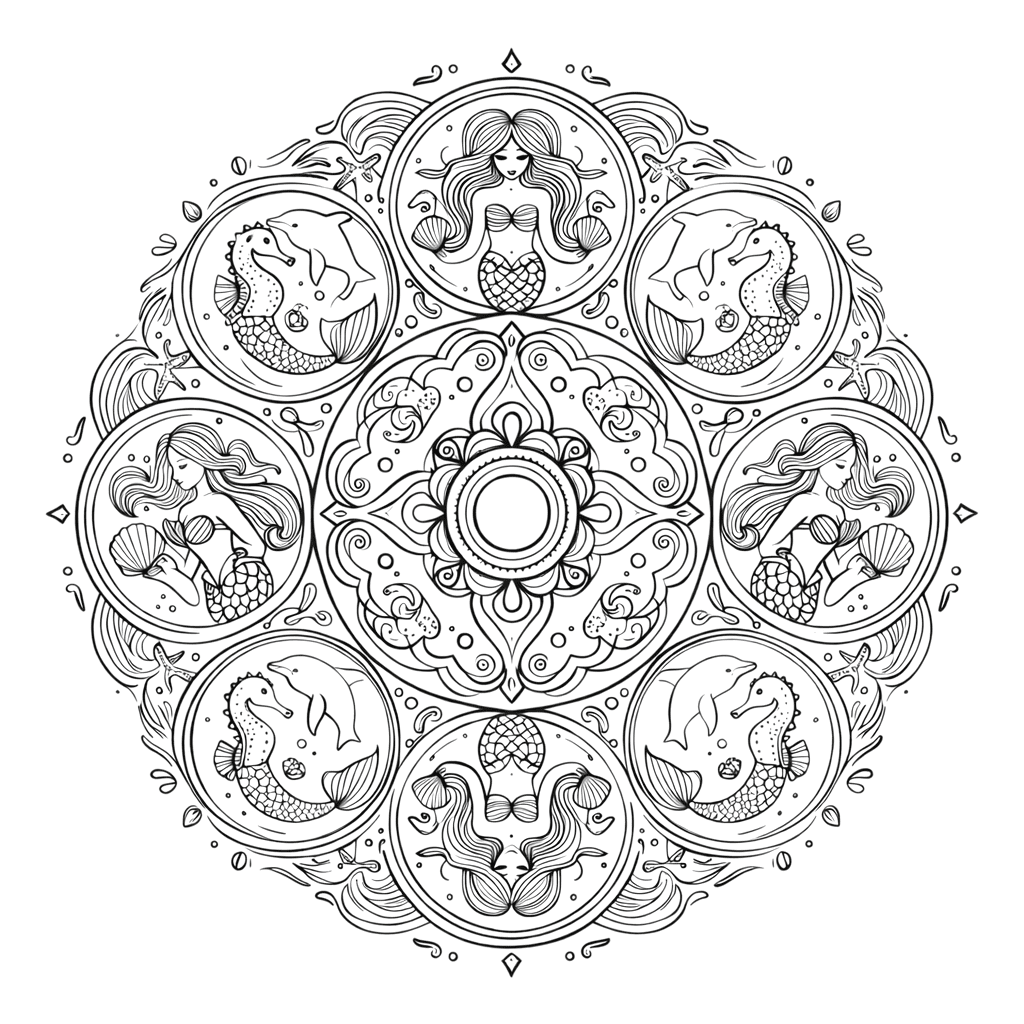 Coloriage Mandala: Sirènes merveilleuses Mandalas