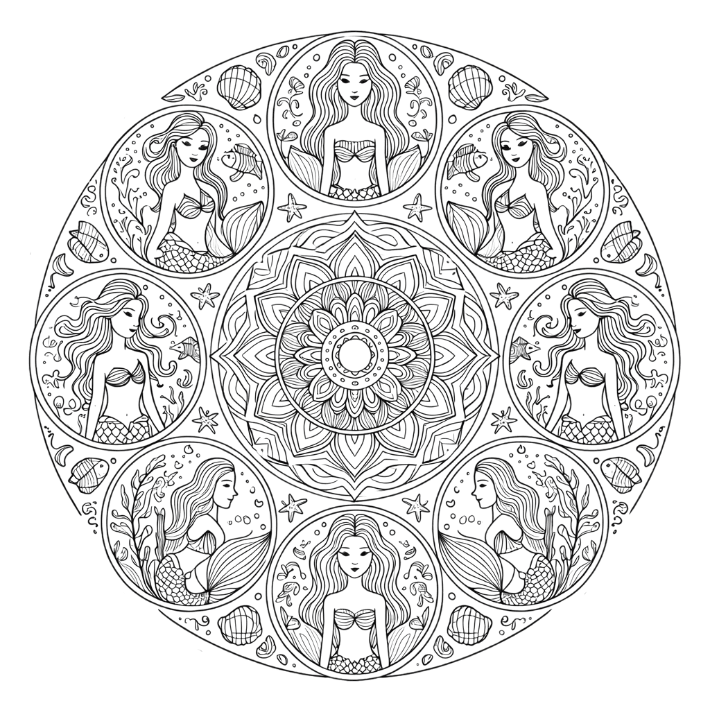 Coloriage Mandala: Sirènes splendides Mandalas