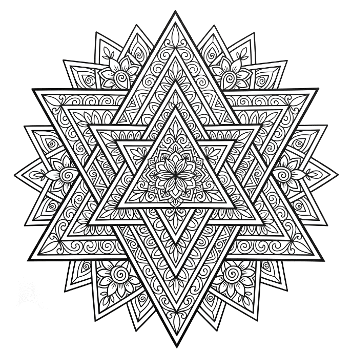 Coloriage Mandala: Triangle orné d'éléments floraux Mandalas