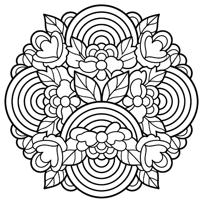Coloriage Mandala: Arc-en-ciel associé à des fleurs Mandalas