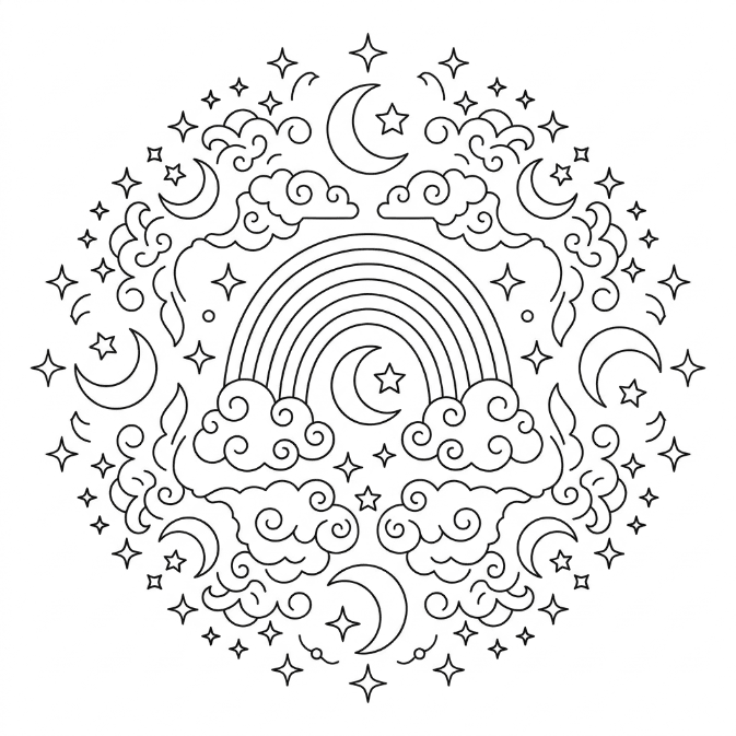 Coloriage Mandala: Arc-en-ciel aux éléments magiques Mandalas