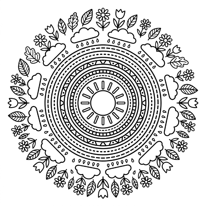 Coloriage Mandala: Arc-en-ciel avec des éléments naturels Mandalas