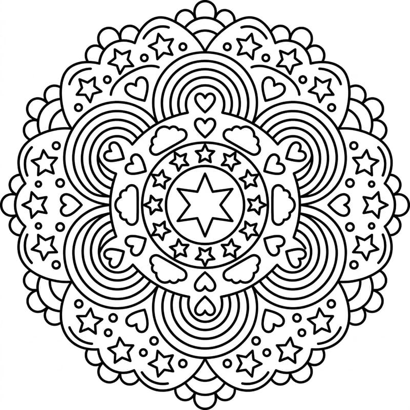 Coloriage Mandala: Arc-en-ciel avec des étoiles et des nuages Mandalas