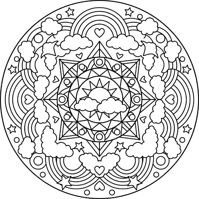 Coloriage Mandala: Arc-en-ciel avec des nuages ​​et des motifs géométriques Mandalas