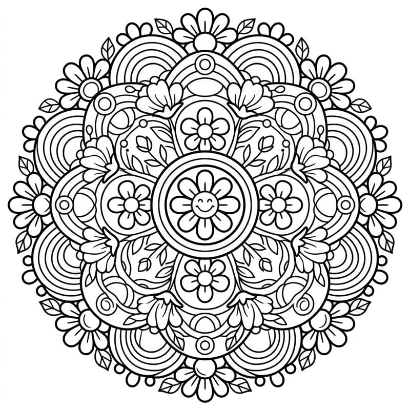 Coloriage Mandala: Arc-en-ciel et fleurs Mandalas