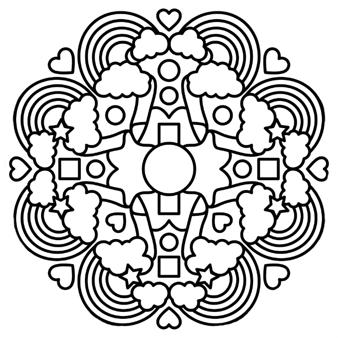 Coloriage Mandala: Arc-en-ciel et nuages Mandalas