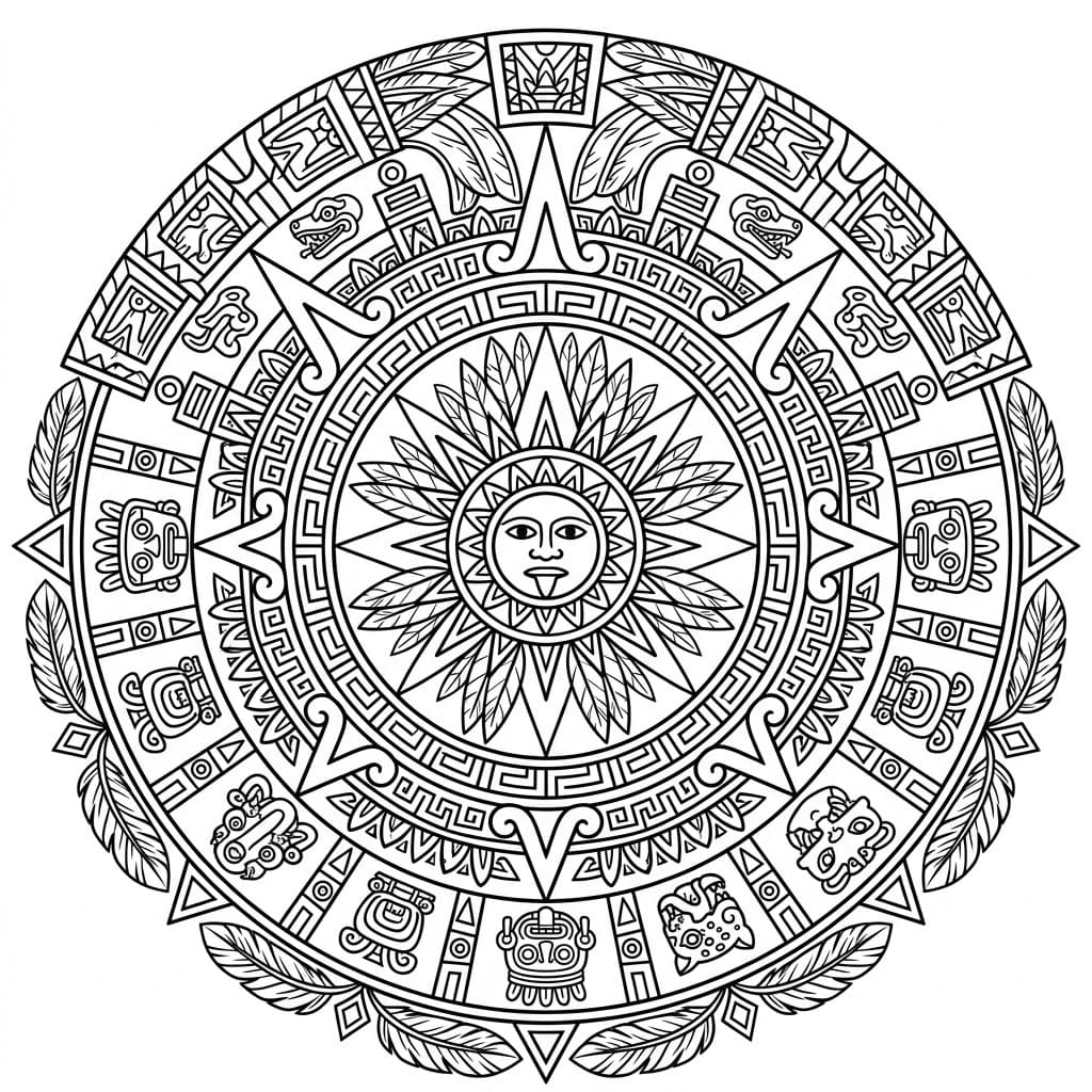 Coloriage Mandala: Aztèque avec des glyphes mésoaméricains Mandalas