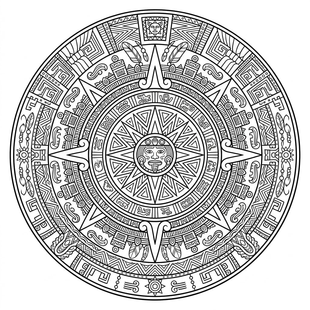 Coloriage Mandala: Aztèque avec des glyphes tribaux Mandalas
