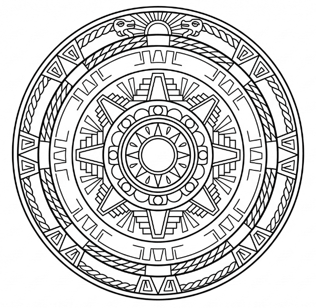 Coloriage Mandala: Aztèque avec des motifs tribaux de base Mandalas
