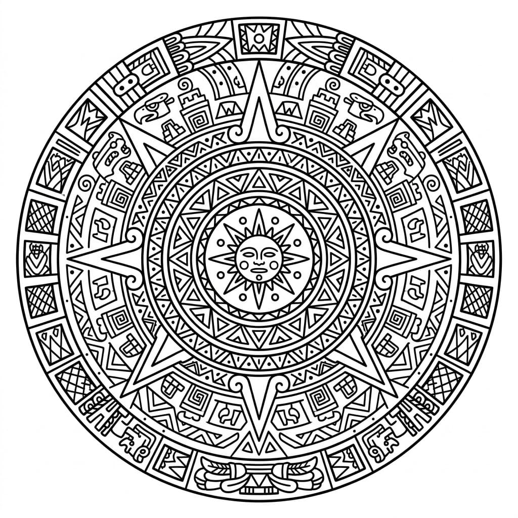 Coloriage Mandala: Aztèque avec des pierres de calendrier anciennes Mandalas
