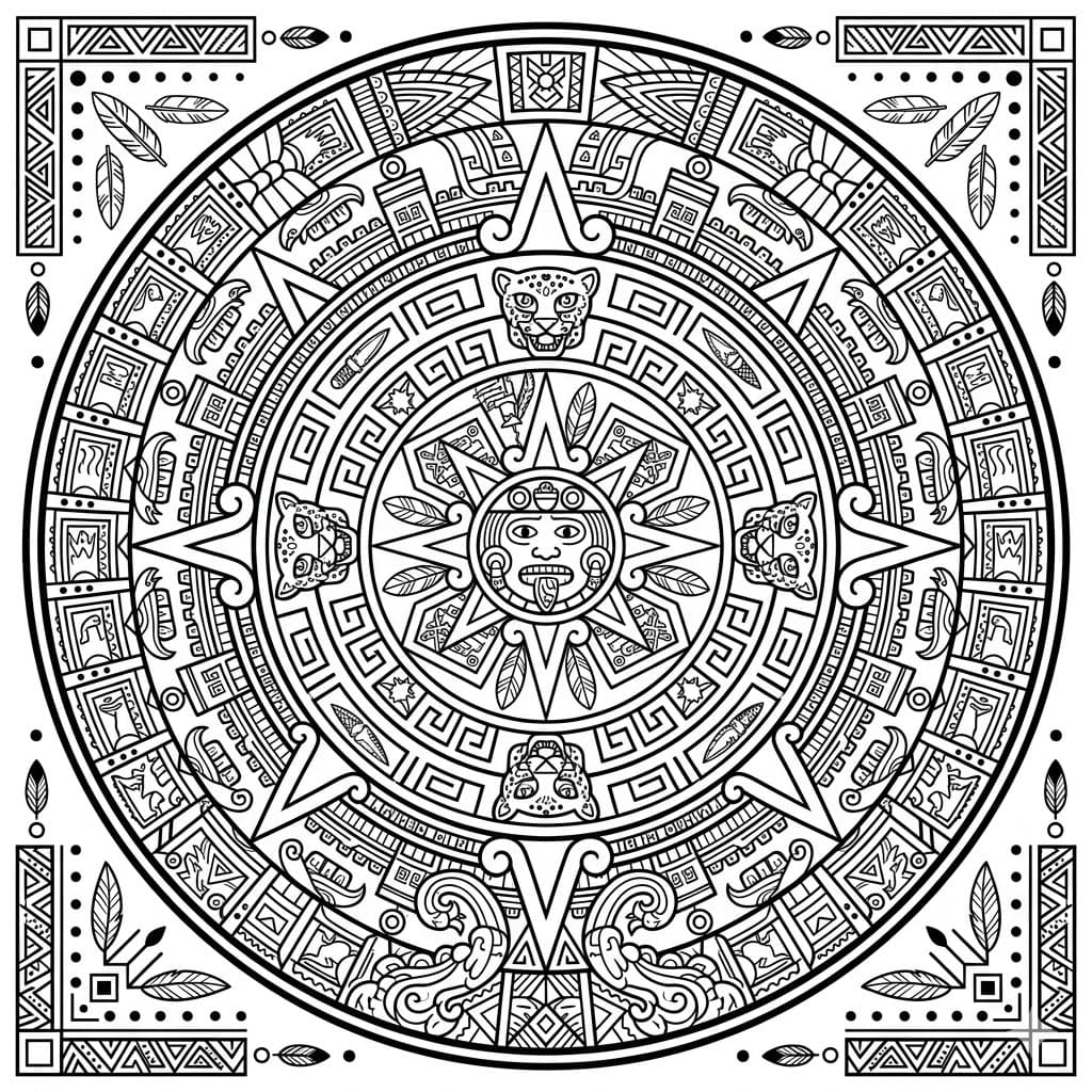 Coloriage Mandala: Aztèque avec des symboles anciens Mandalas