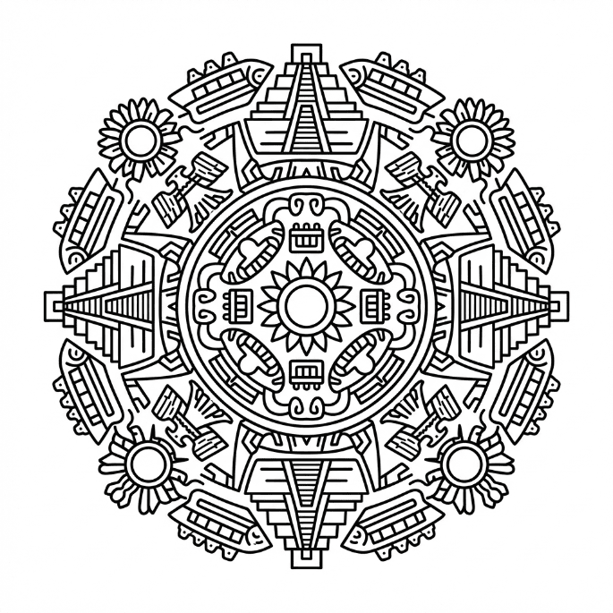 Coloriage Mandala: Aztèque avec un motif tribal symétrique Mandalas
