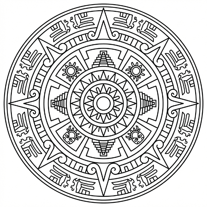 Coloriage Mandala: Aztèque dans un motif circulaire symétrique Mandalas