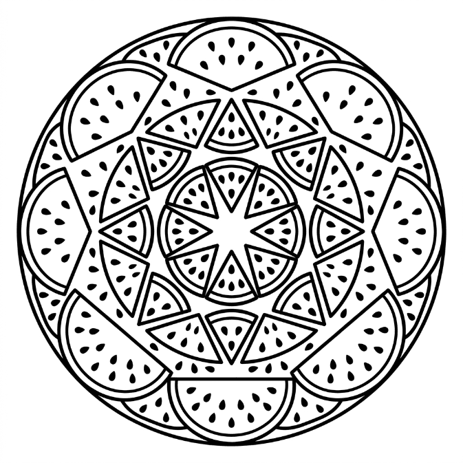 Coloriage Mandala: Des tranches de pastèque et des graines qui se répètent Mandalas