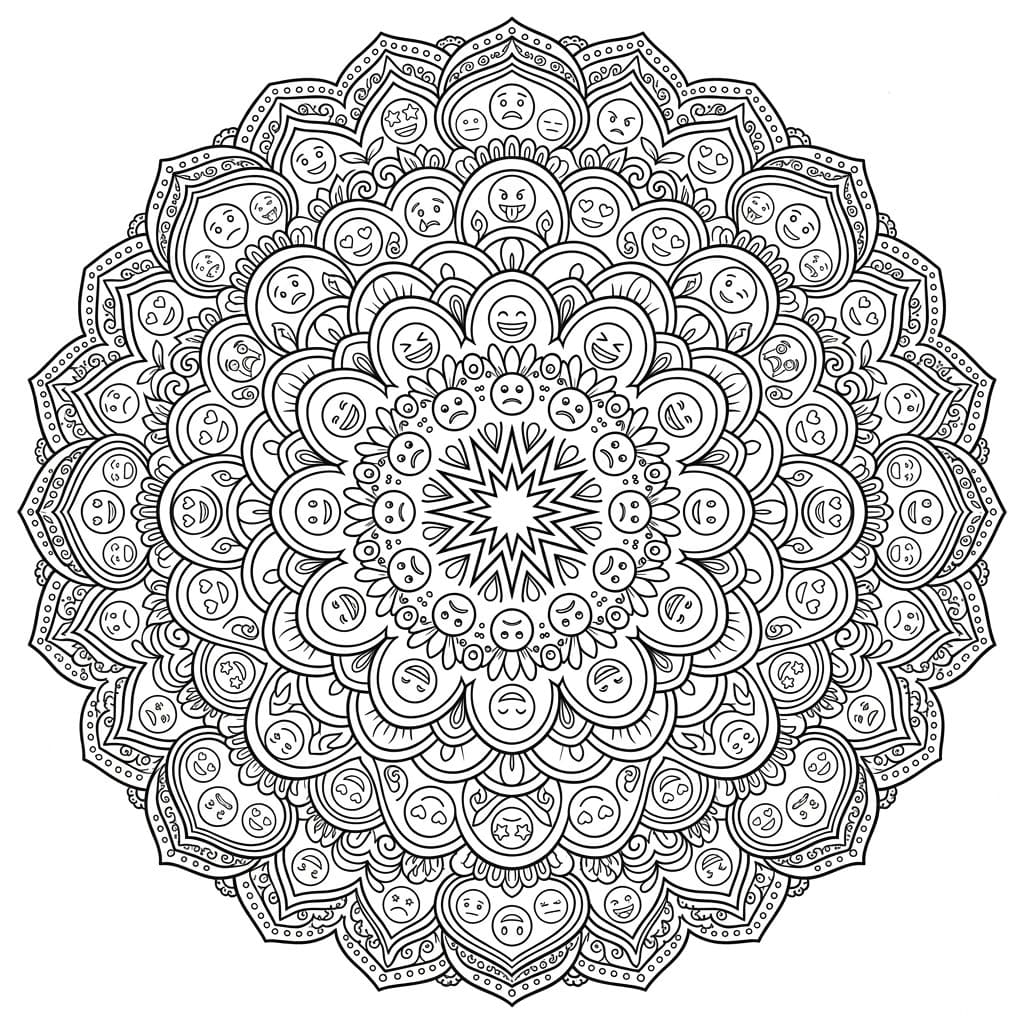 Coloriage Mandala: Émojis à symétrie circulaire superposée Mandalas