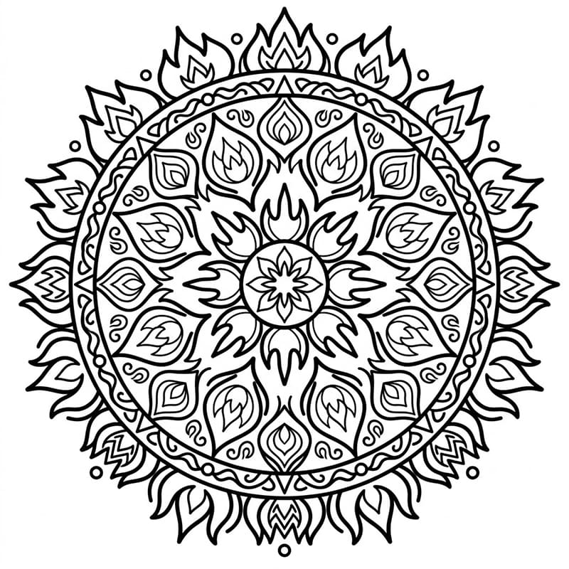 Coloriage Mandala: Feux à symétrie géométrique Mandalas