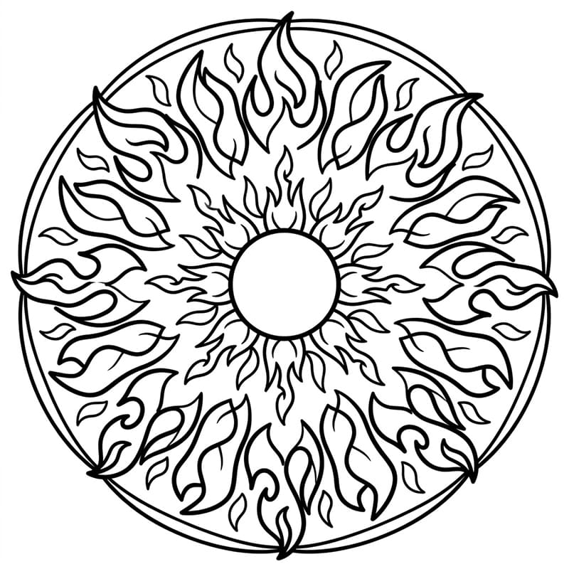 Coloriage Mandala: Feux avec des éléments de feu symétriques Mandalas