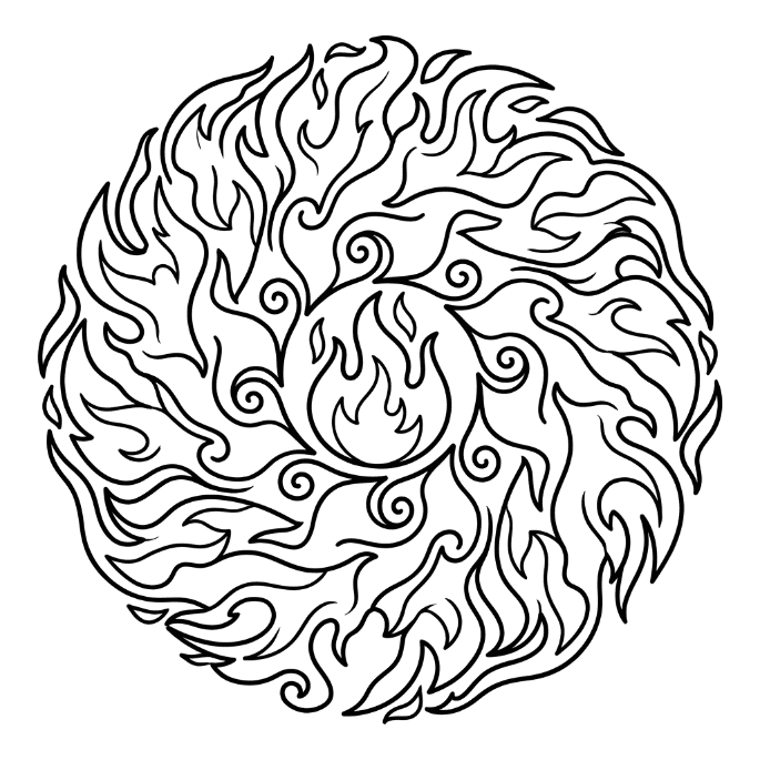 Coloriage Mandala: Feux formant un motif circulaire Mandalas