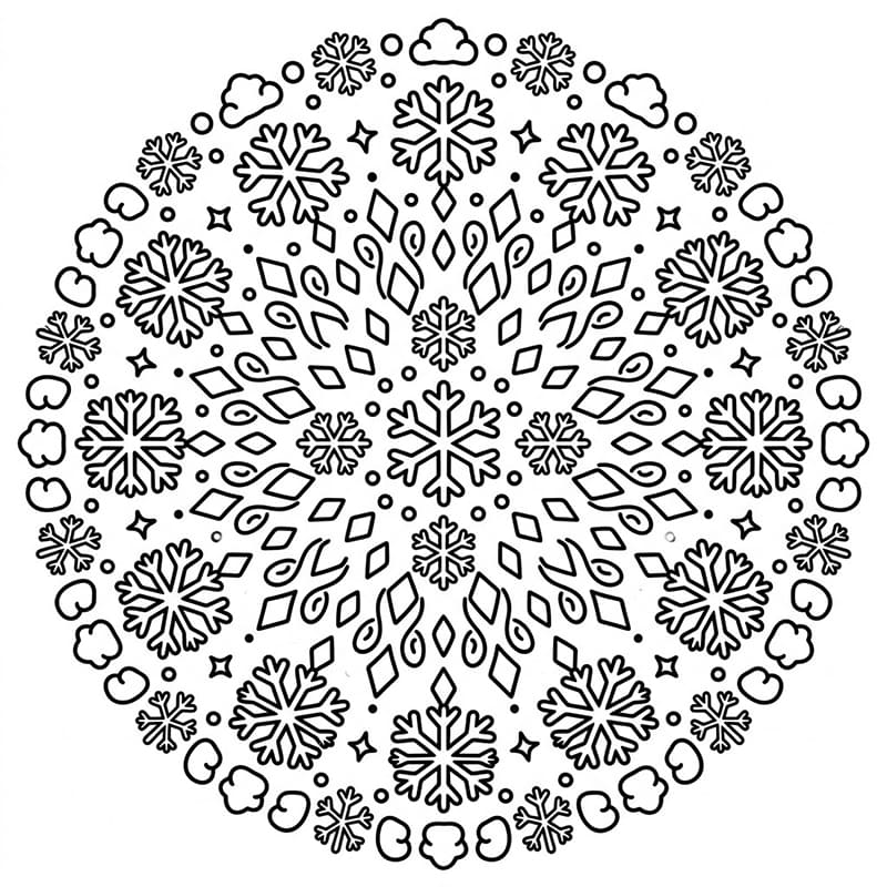 Coloriage Mandala: Glace avec des flocons de neige et de la neige Mandalas