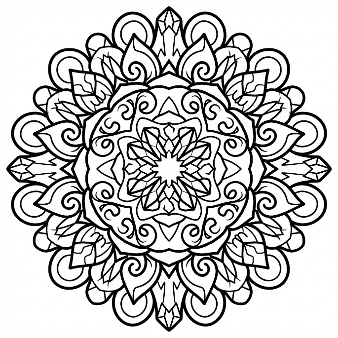 Coloriage Mandala: Holographique avec des lignes courbes mêlées à des facettes nettes Mandalas