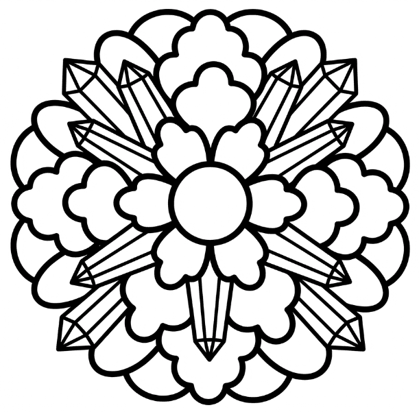 Coloriage Mandala: Holographique avec des pétales mêlés à des facettes cristallines Mandalas
