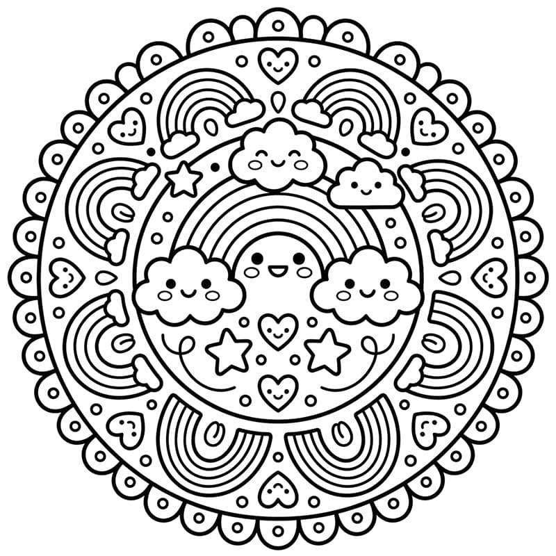 Coloriage Mandala: Kawaii arc-en-ciel Mandalas
