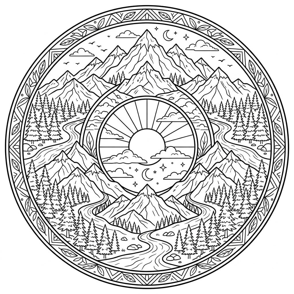 Coloriage Mandala: Merveilleuses montagnes Mandalas