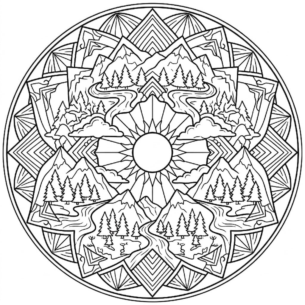 Coloriage Mandala: Montagnes, arbres et soleil Mandalas