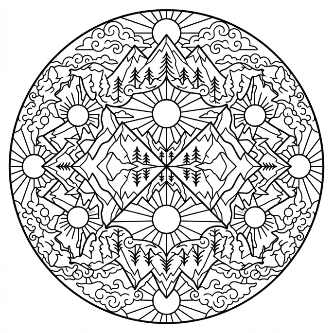 Coloriage Mandala: Montagnes au design symétrique Mandalas