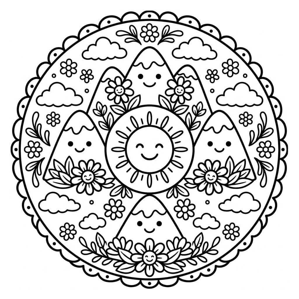 Coloriage Mandala: Montagnes de style dessin animé Mandalas