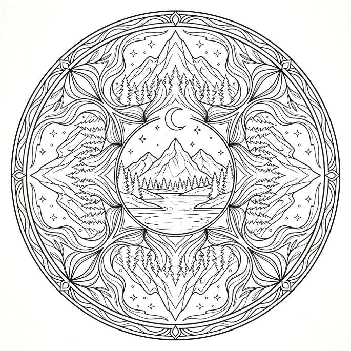 Coloriage Mandala: Montagnes et ciel nocturne Mandalas
