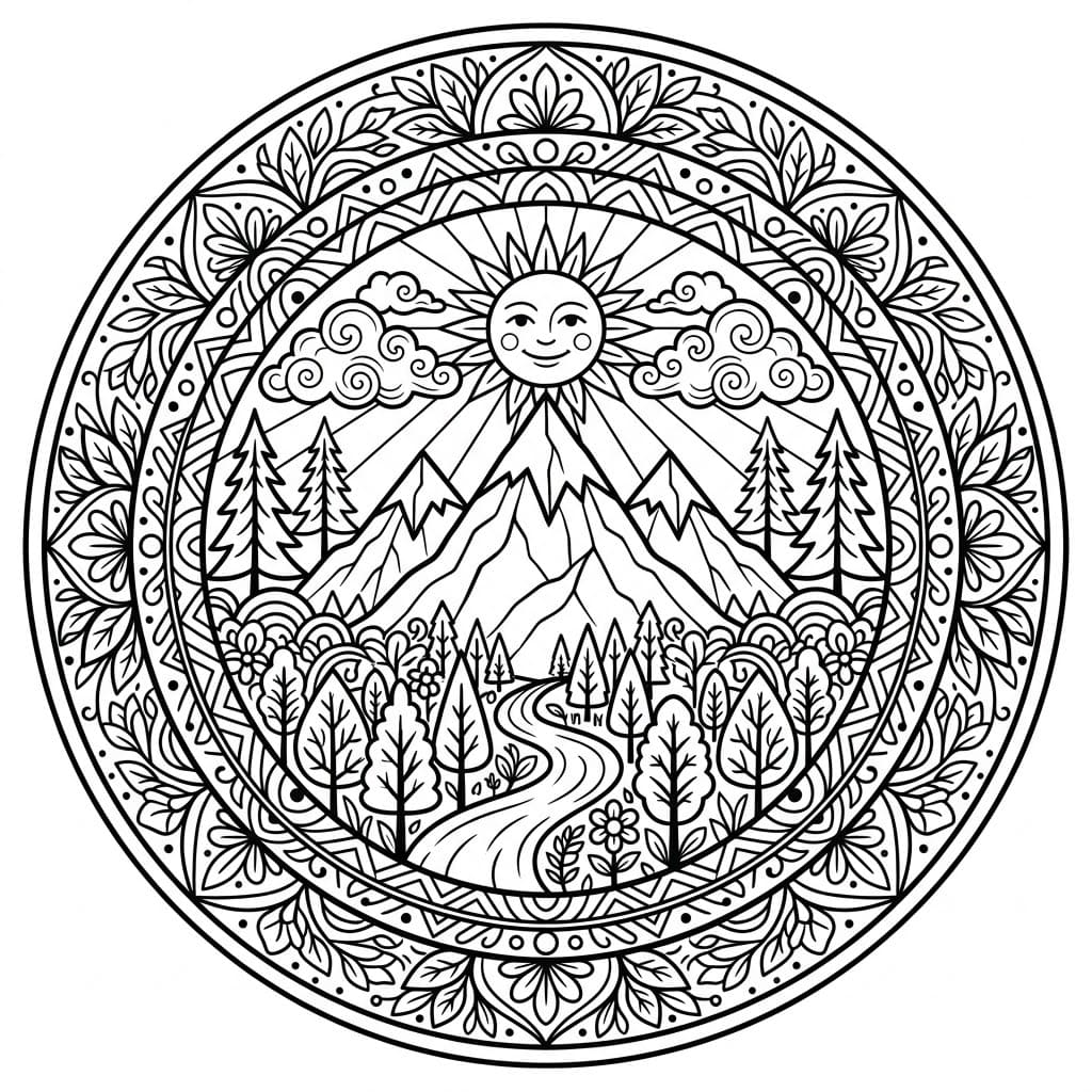 Coloriage Mandala: Montagnes et éléments naturels Mandalas
