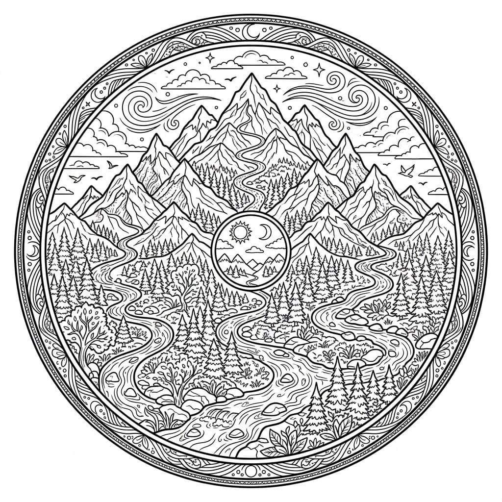 Coloriage Mandala: Montagnes et forêts de pins Mandalas