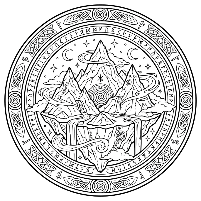 Coloriage Mandala: Montagnes et motifs mystiques Mandalas