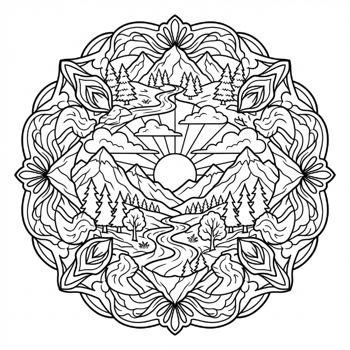 Coloriage Mandala: Montagnes et nature Mandalas