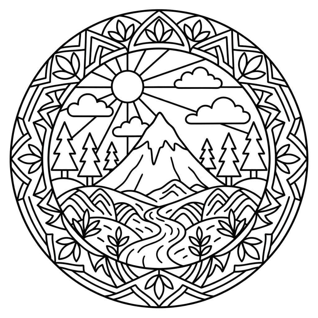 Coloriage Mandala: Montagnes facile Mandalas