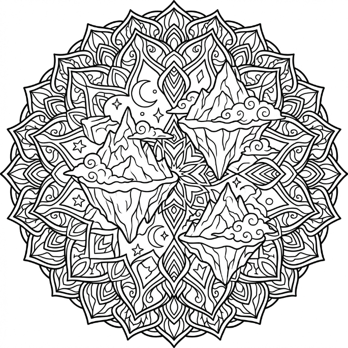 Coloriage Mandala: Montagnes fantastiques Mandalas