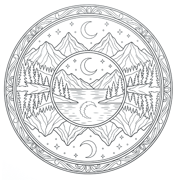Coloriage Mandala: Montagnes, lune et étoiles Mandalas