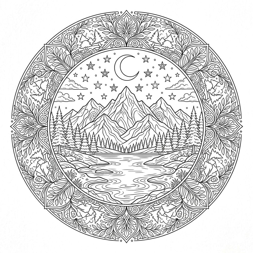 Coloriage Mandala: Montagnes sous le ciel nocturne Mandalas