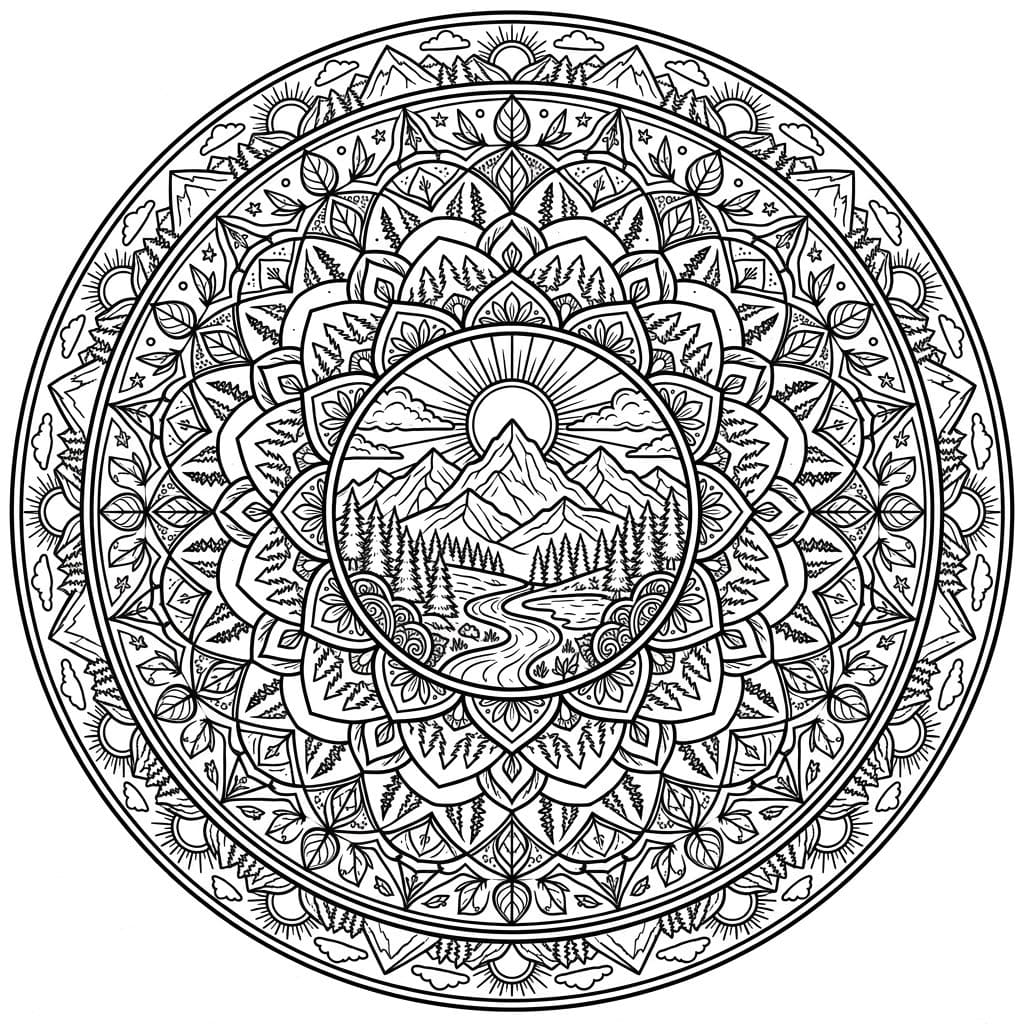 Coloriage Mandala: Montagnes stimulant Mandalas