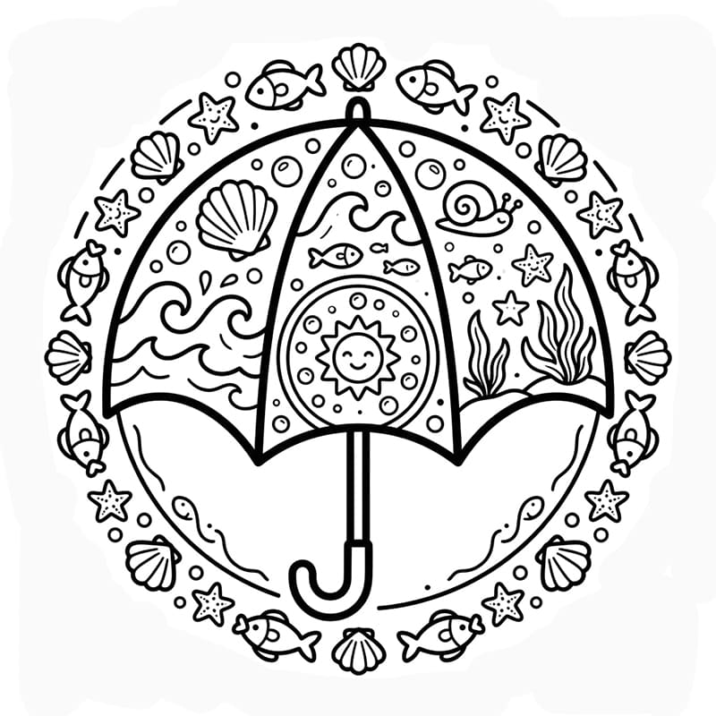 Coloriage Mandala: Parapluie à motifs marins Mandalas